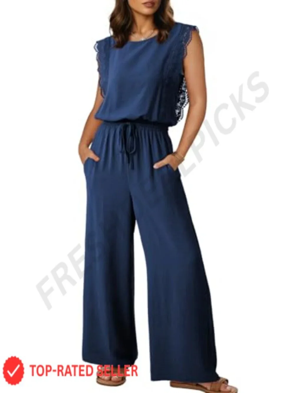 Women's Lace Cap Sleeve Wide Leg Jumpsuit, Drawstring High Waist Romper with